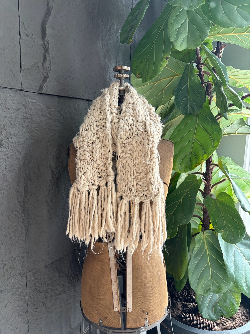 Handcrafted Cream Chunky Knit Scarf with Fringe